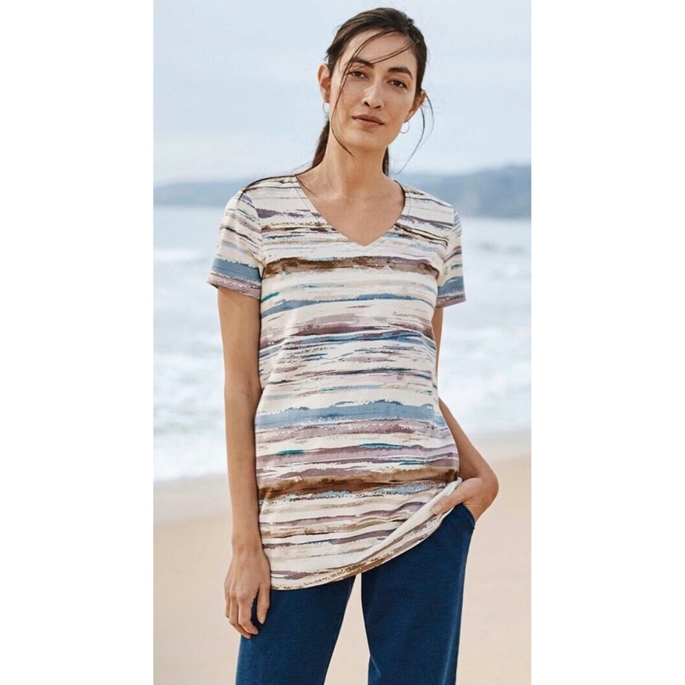 Pure Jill Womens Watercolor Pima Cotton Striped V-Neck Tee Small Petite Top‎ Art